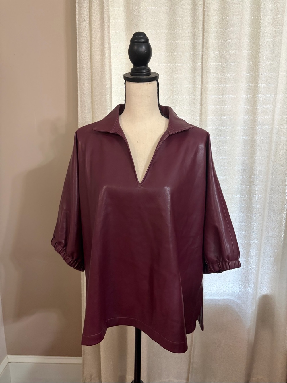 Emily McCarthy V-Neck Faux Leather Tunic Top - Burgundy